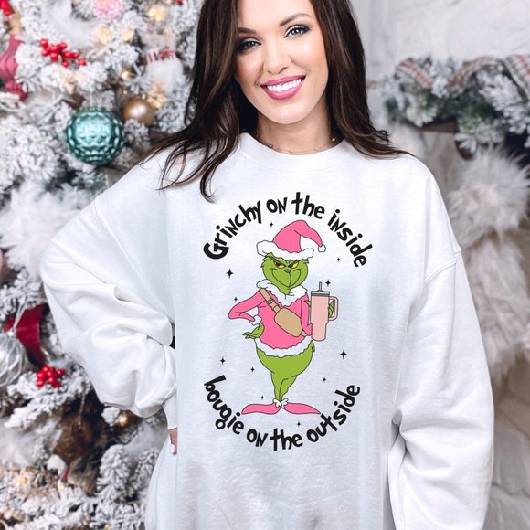 Womens Grinchy On The Inside Bougie On Outside Christmas Crewneck Sweatshirt - Picture 2 of 3